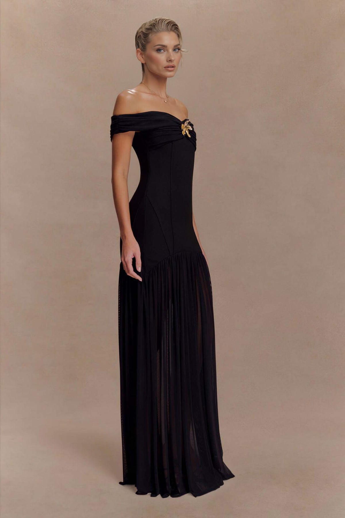 Elegant Floral-Embellished Strapless Bodycon Maxi Dress
