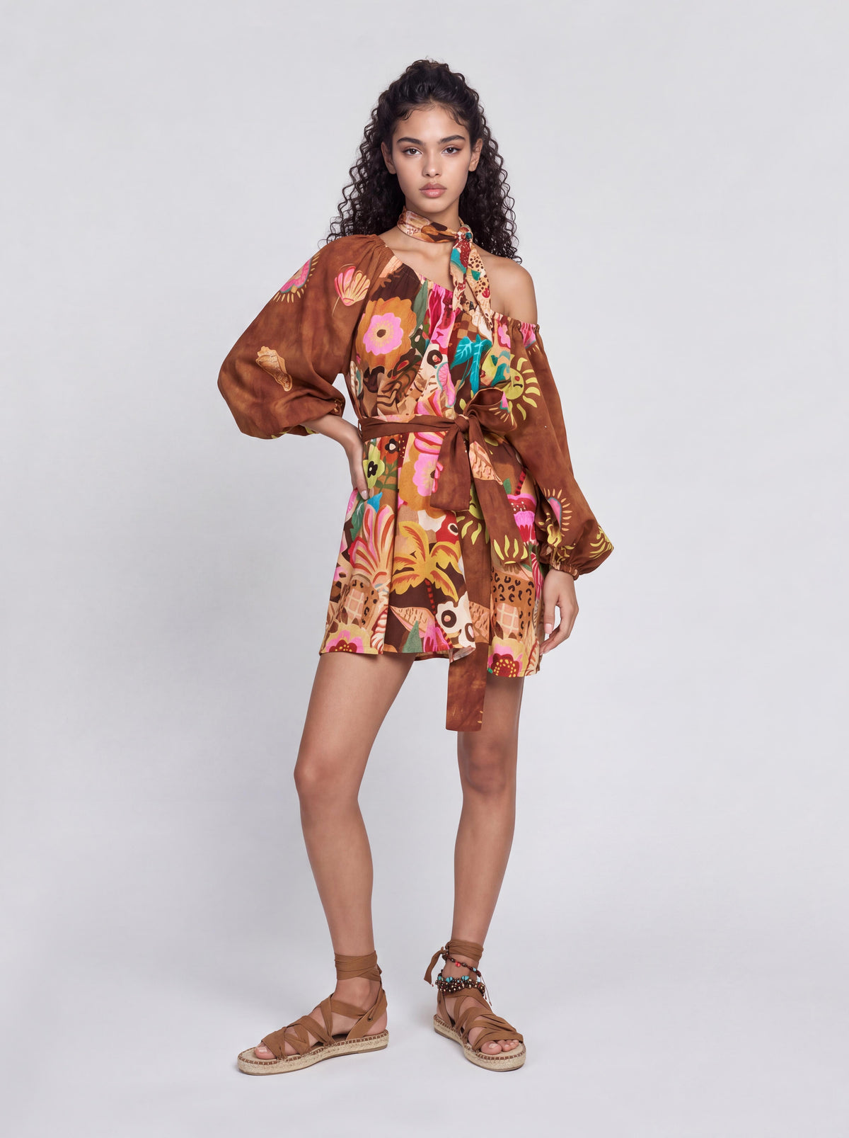 Vintage Fun Sun Floral Print Square Collar Puff Sleeve Tight Short Dress
