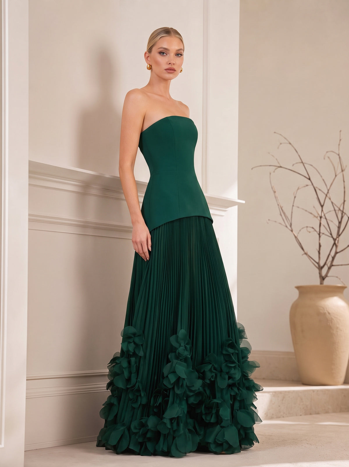 Strapless Fitted Bodice Pleated Maxi Gown With 3D Floral Hem