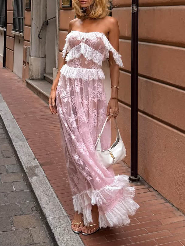 Romantico abito lungo in tulle trasparente con pizzo, volant e balze