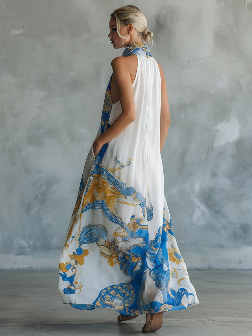 Elegantes ärmelloses Chiffon-Maxikleid mit Barockprint
