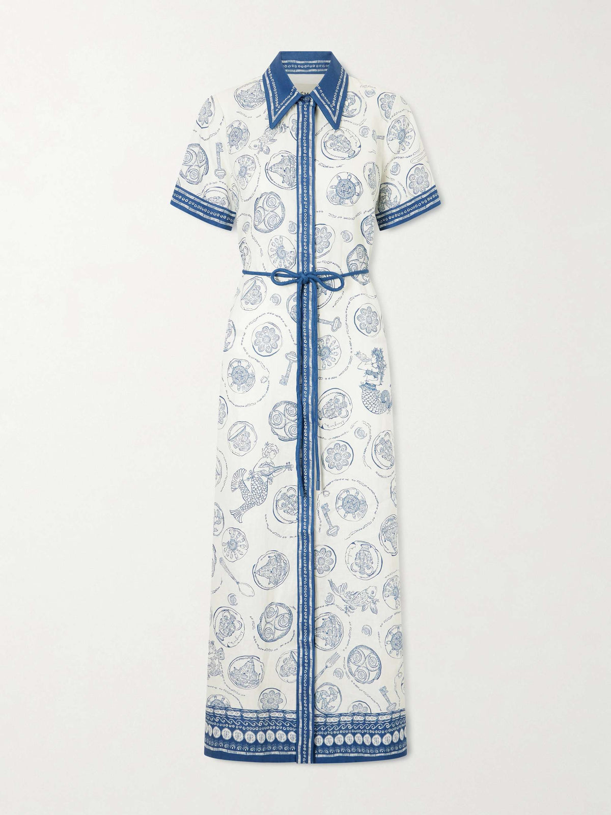 Vestido largo informal con estampado mediterráneo, cuello y lazo en la cintura