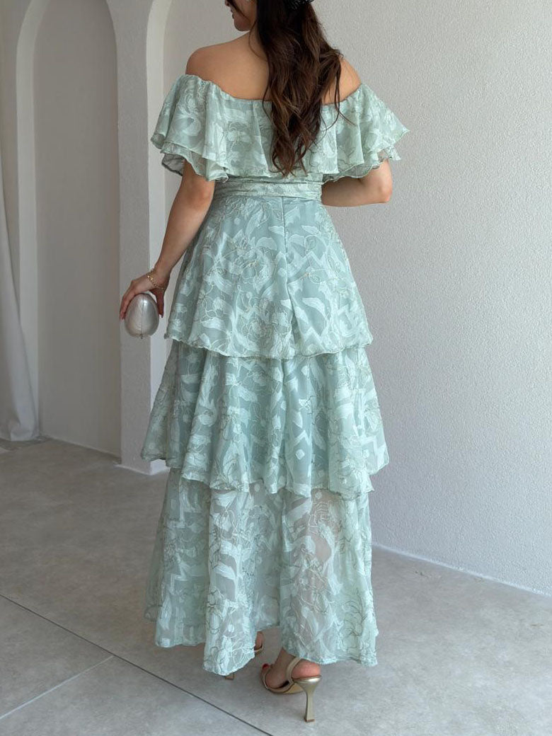 Exquisites schulterfreies Maxikleid mit Rüschen, Gürtel, Stufen und floraler Spitze