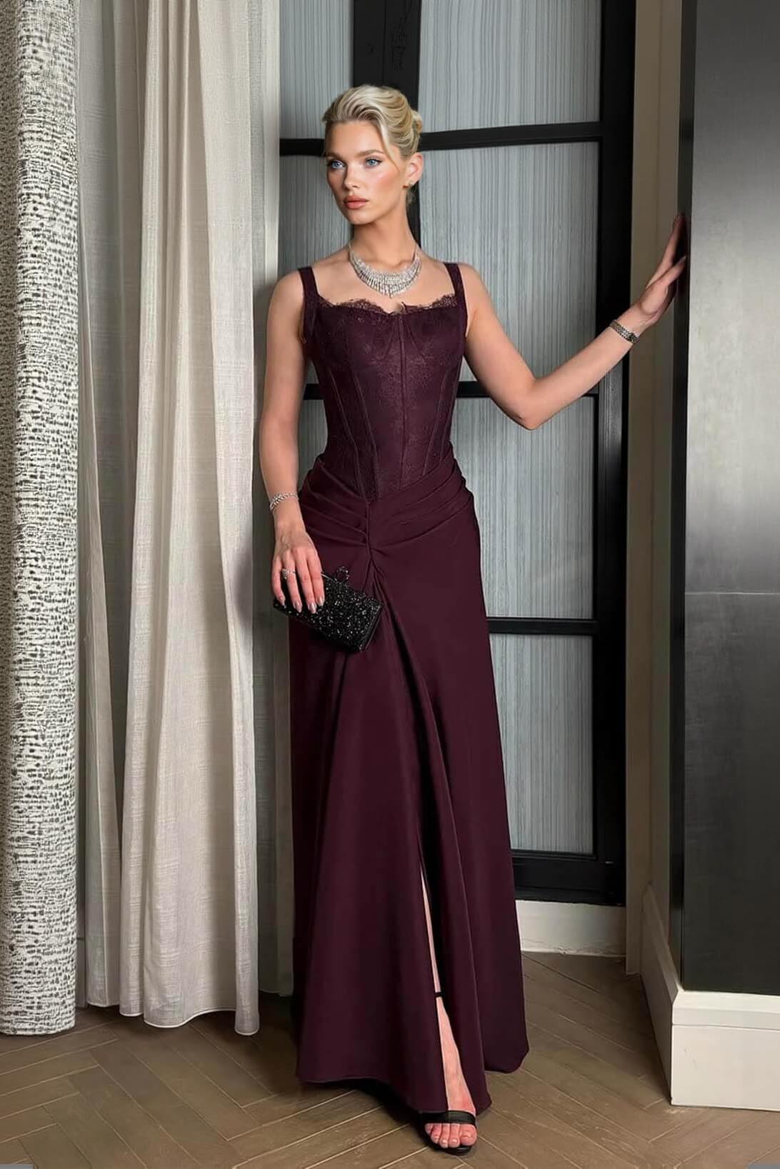Elegant Lace With Side Slit Evening Gown Maxi Dress