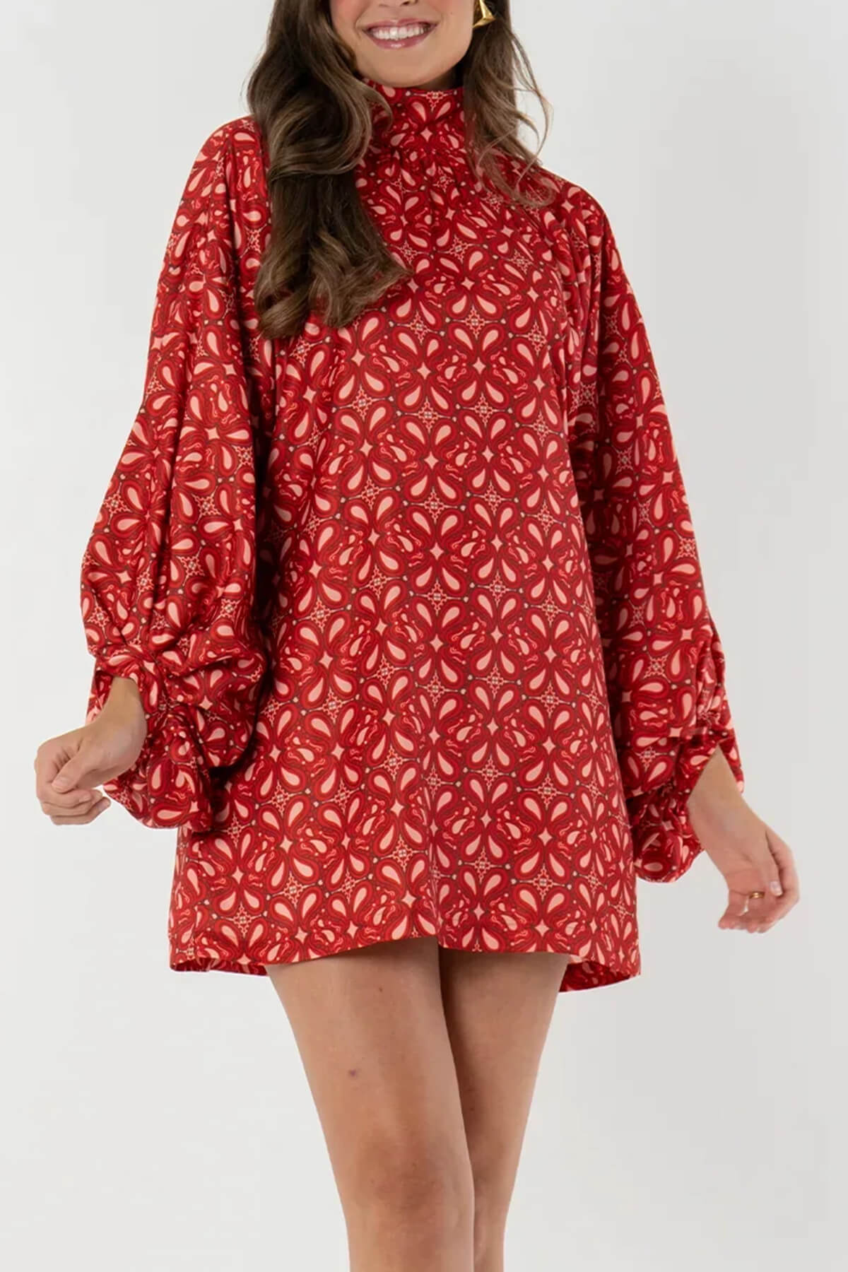 Retro Paisley Print High Neck Lantern Sleeve Draped Mini Dress