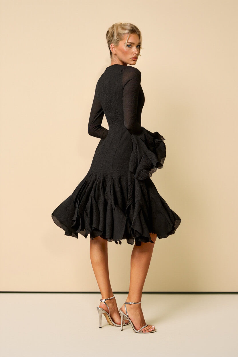 Elegant Black Ruffle-Trimmed Bell Sleeve Midi Dress