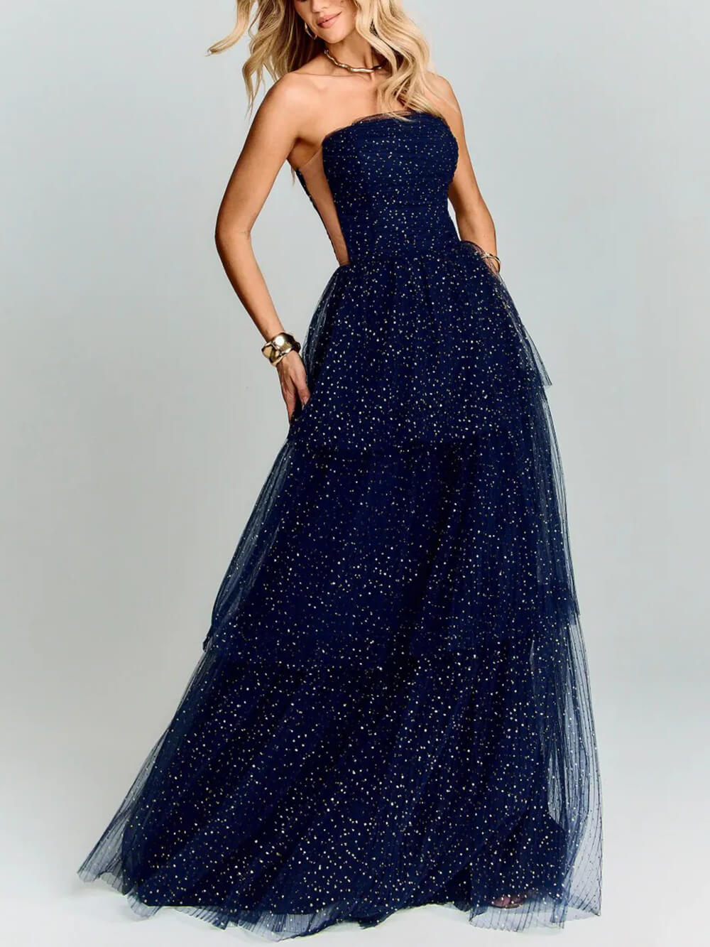 Elegante maxiabito da festa in tulle a strati blu navy a pois