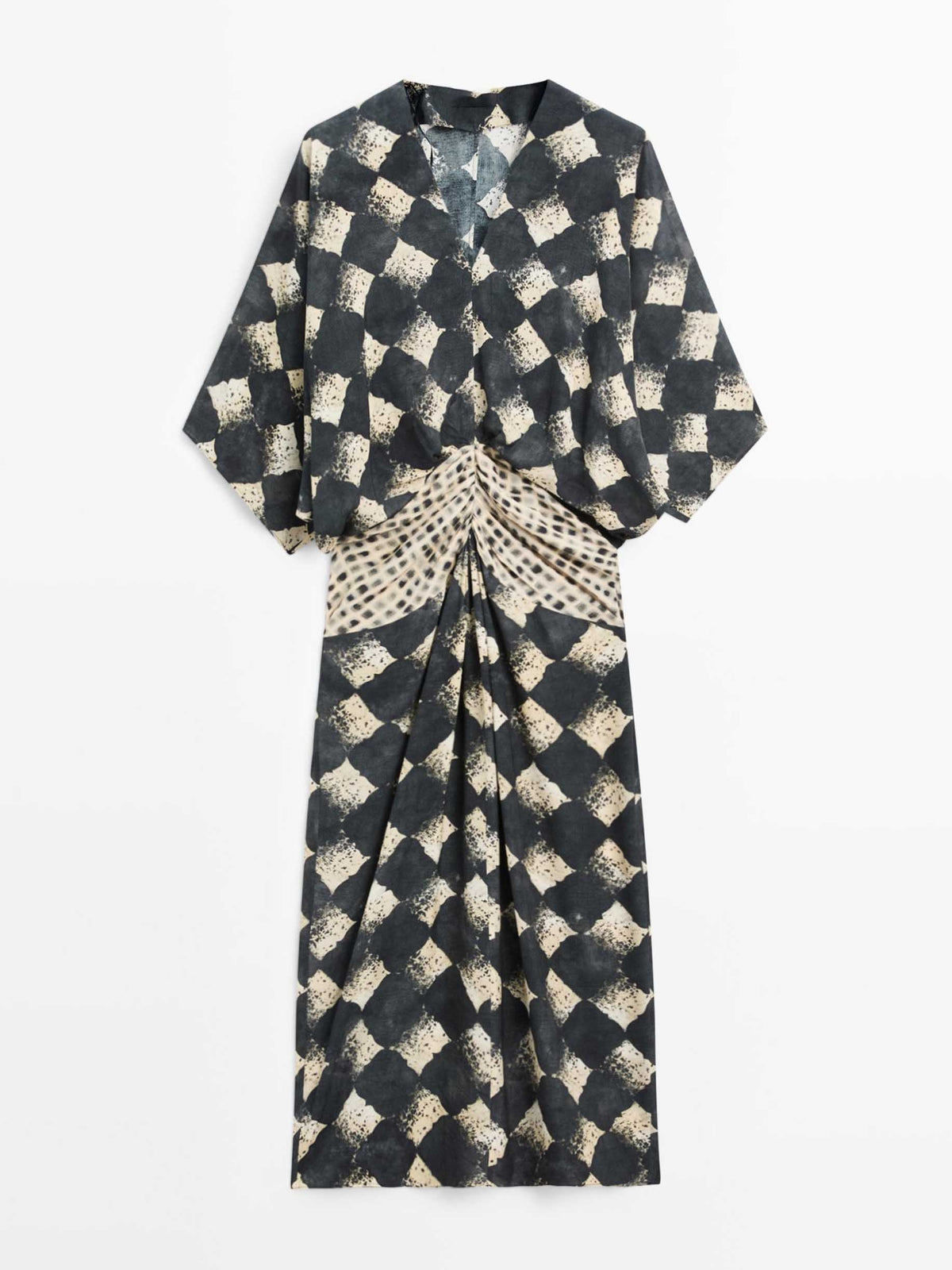 Abito lungo casual con stampa a quadri astratti e maniche a kimono