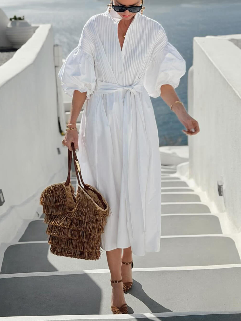 Bohemian Ruched Lantern Sleeve Midi Dress