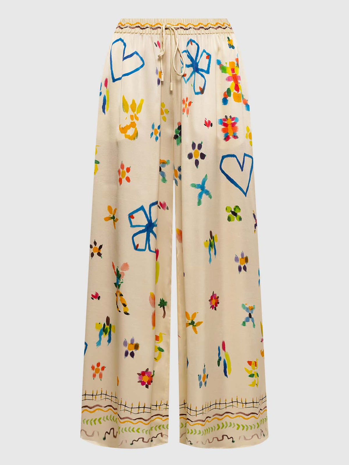 Einzigartige Satinhose mit weitem Bein und handgemaltem Aquarellprint