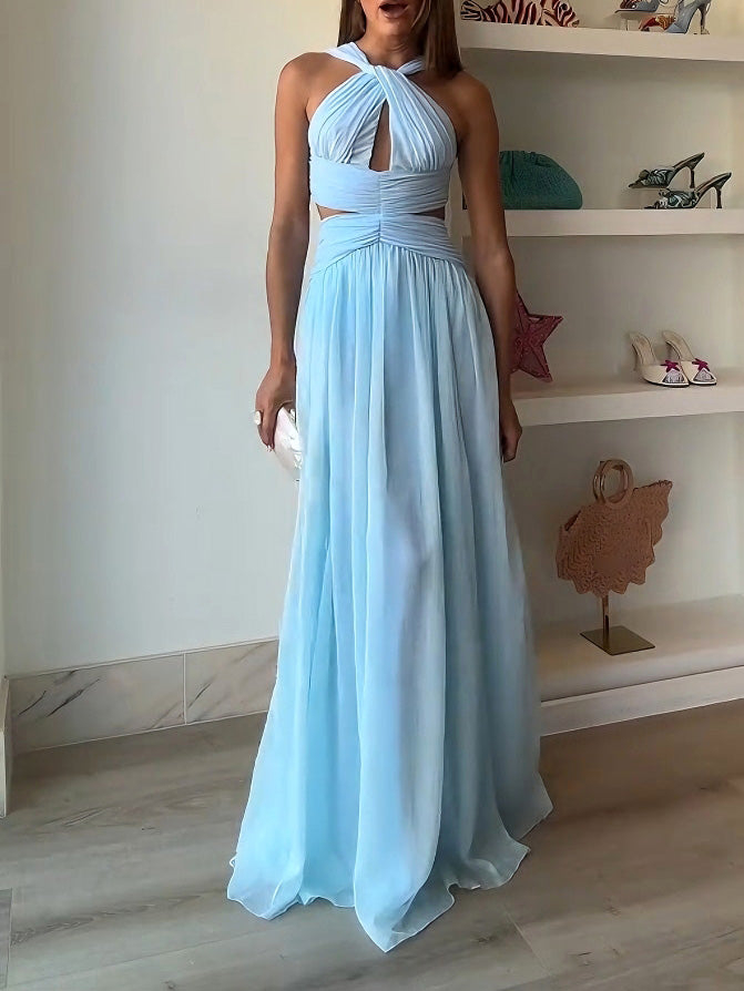 Abito lungo elegante con scollo all'americana, nodo sul davanti, aperture e pieghe