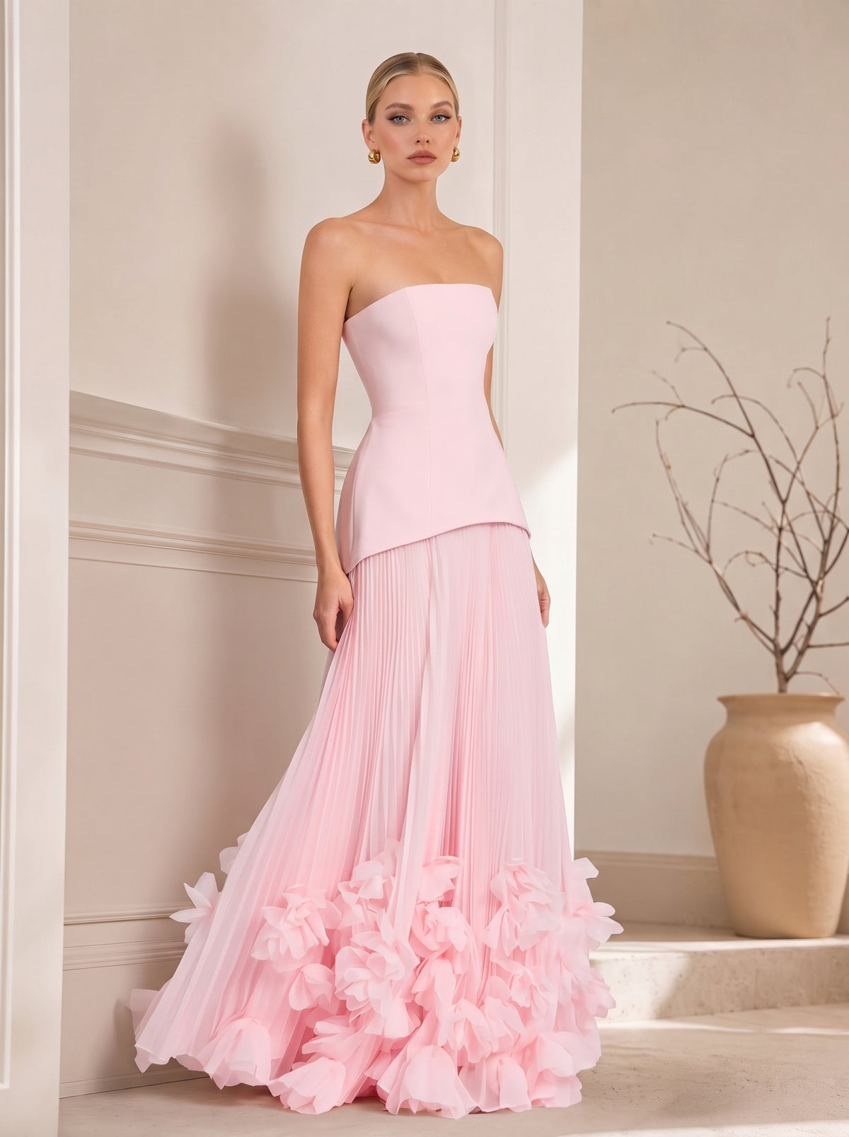 Strapless Fitted Bodice Pleated Maxi Gown With 3D Floral Hem