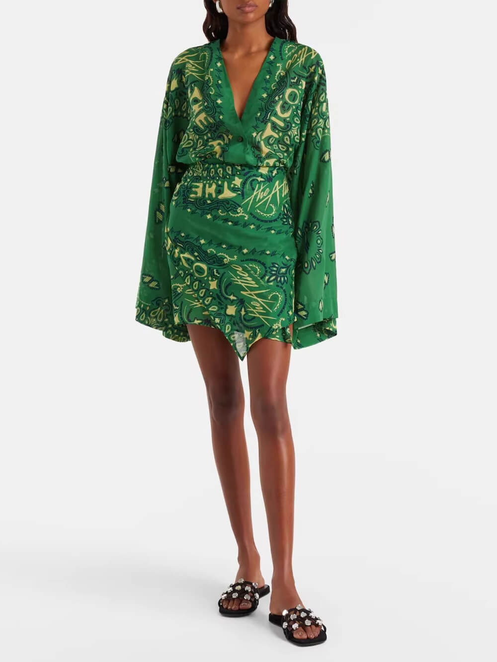 Robe courte de vacances à col V, manches évasées et ourlet asymétrique