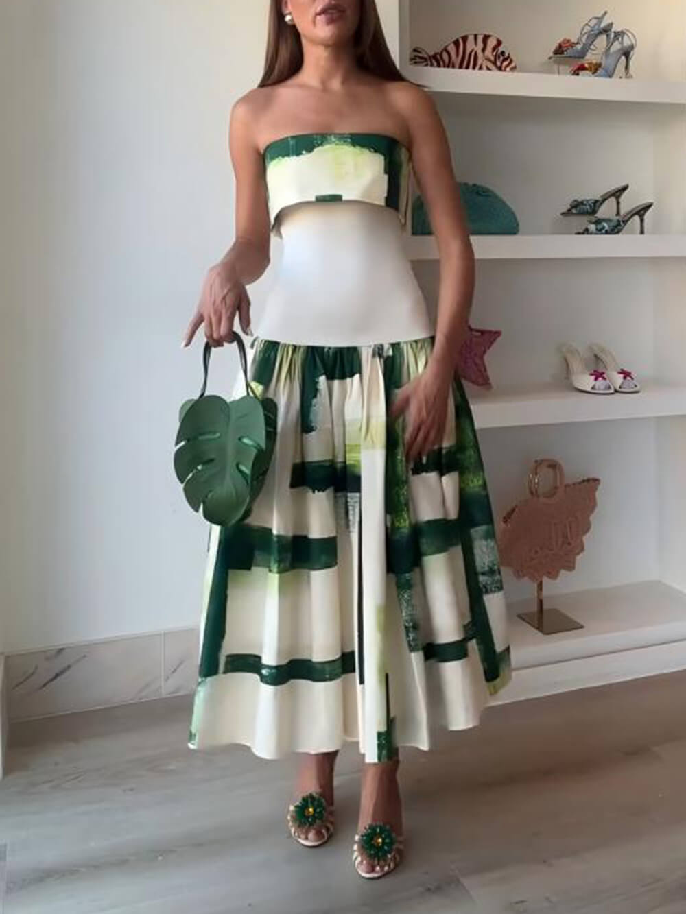 Elegant Printed Strapless Ribbed Bodycon Midi Dress