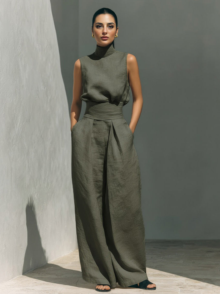 Elegante completo a due pezzi in lino con top a collo alto e pantaloni a gamba larga