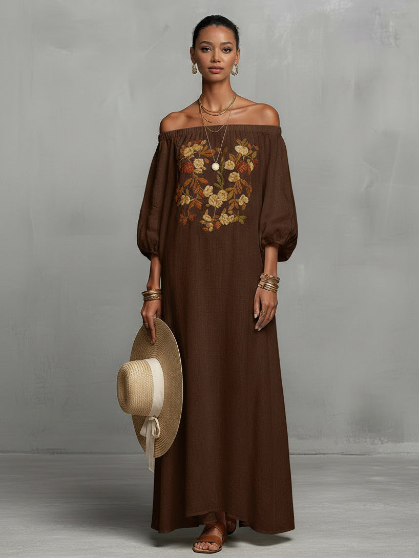 Bohemian Brown Floral Embroidered Off-Shoulder Maxi Dress