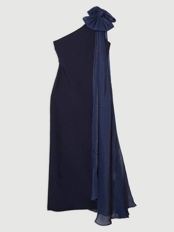 Elegant Tulle Bow Cape One-Shoulder Maxi Dress