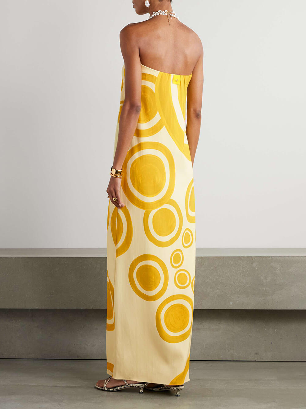 Elegant Off-Shoulder Circle Print Double-Crepe Maxi Dress
