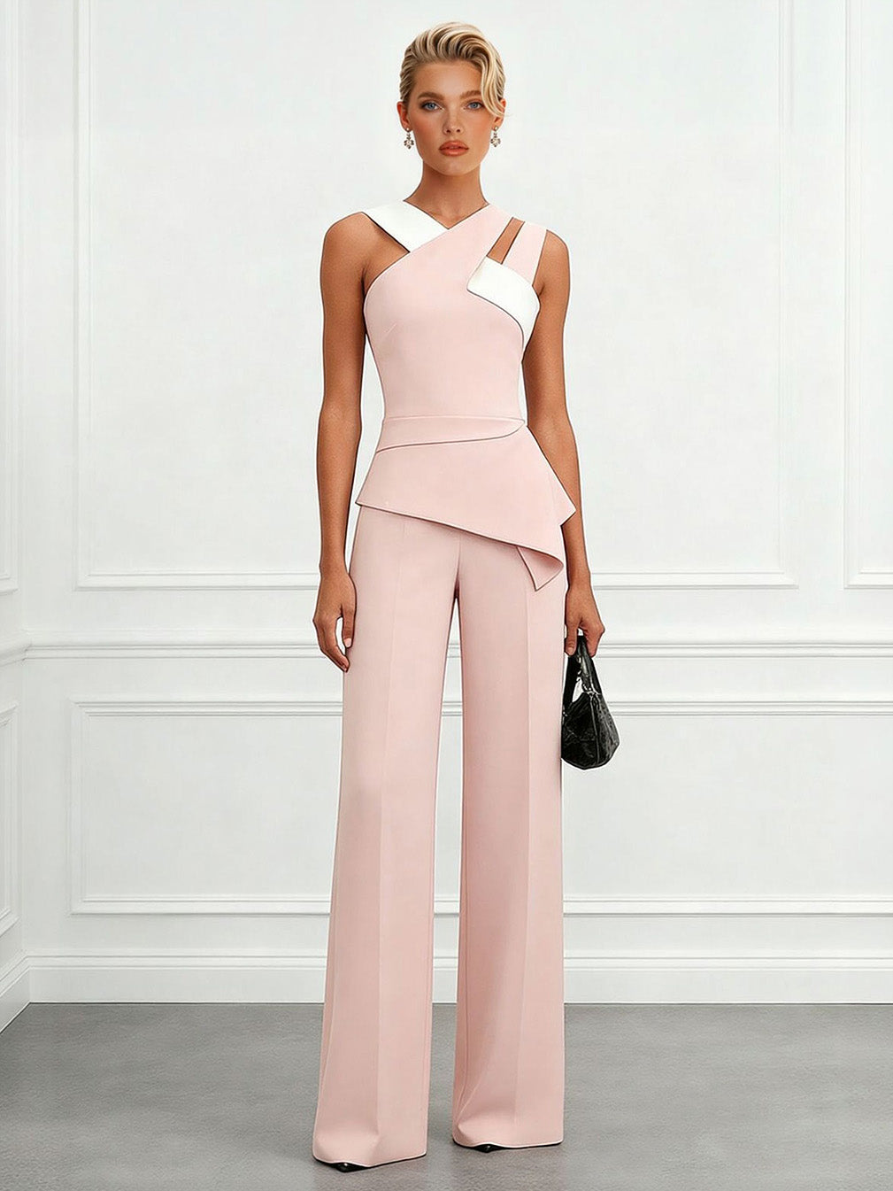 Elegantes asymmetrisches zweiteiliges Set in Colorblock-Optik aus Oberteil und Hose mit weitem Bein