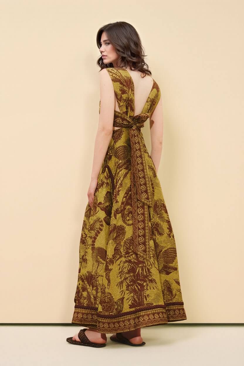 Delicate Printed Cut-Out Patchwork Knit Maxi Dress