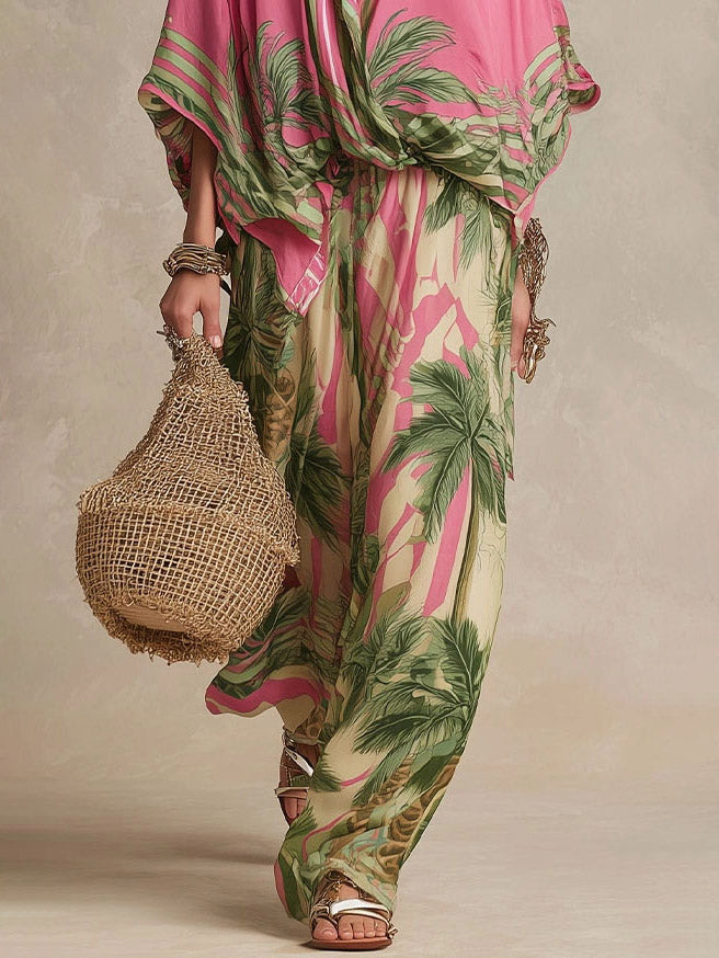 Pantalones bohemios de pierna ancha y cintura alta con estampado tropical