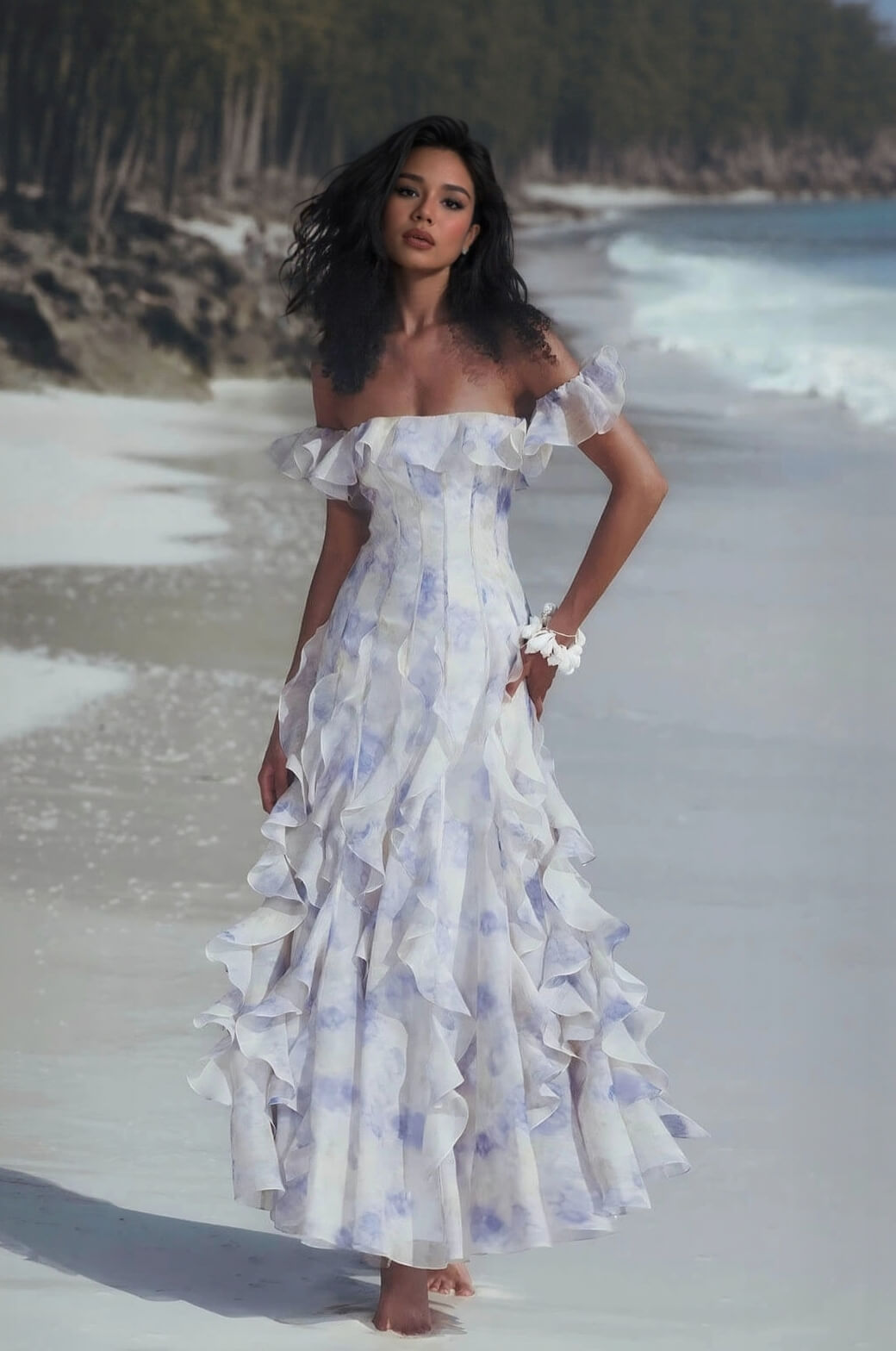 Vestido maxi de férias casual, com alças, estampado floral e folhos