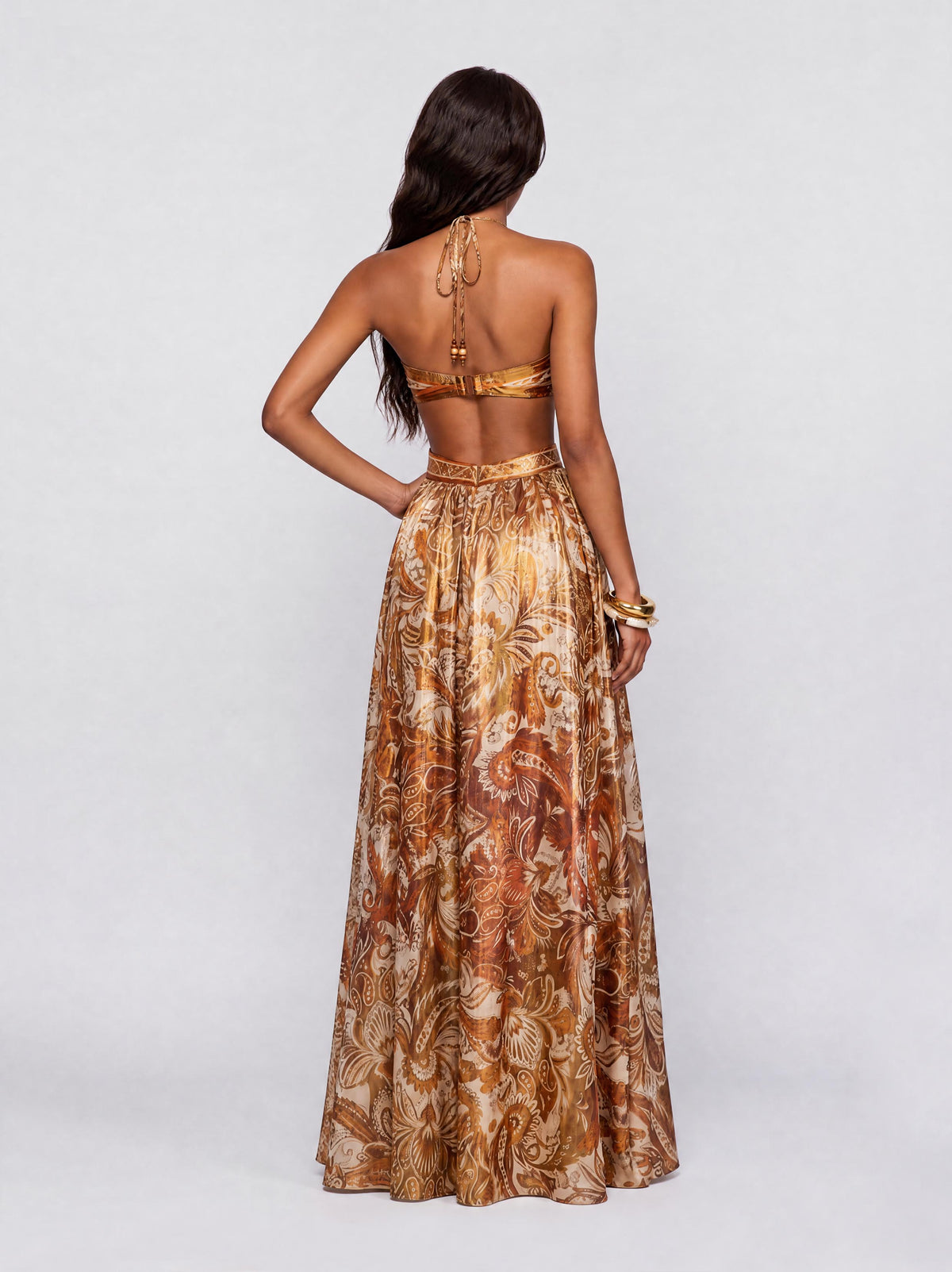 Robe longue vintage bustier à fleurs de cajou, encolure ajourée et imprimé estampé