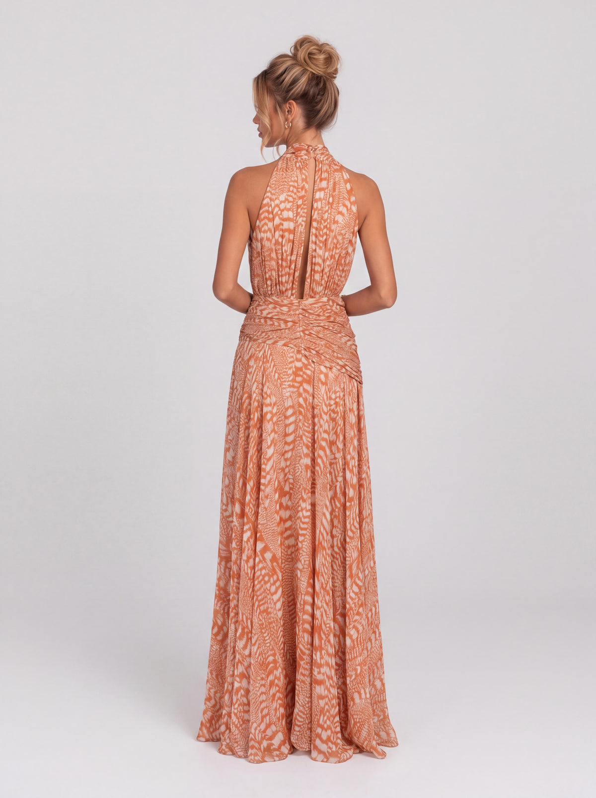 Caramel Textured Strap Lap Collar Sleeveless Tight Waist Pleated Vacation Long Dress