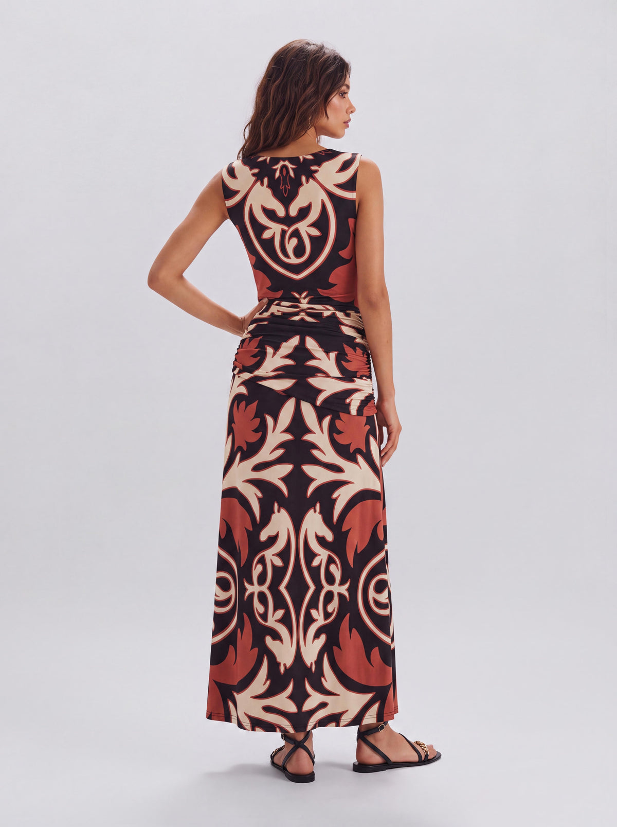 Robe longue vintage ajustée, sans manches, à découpes à la taille, drapée et à profond décolleté en V, motif cheval