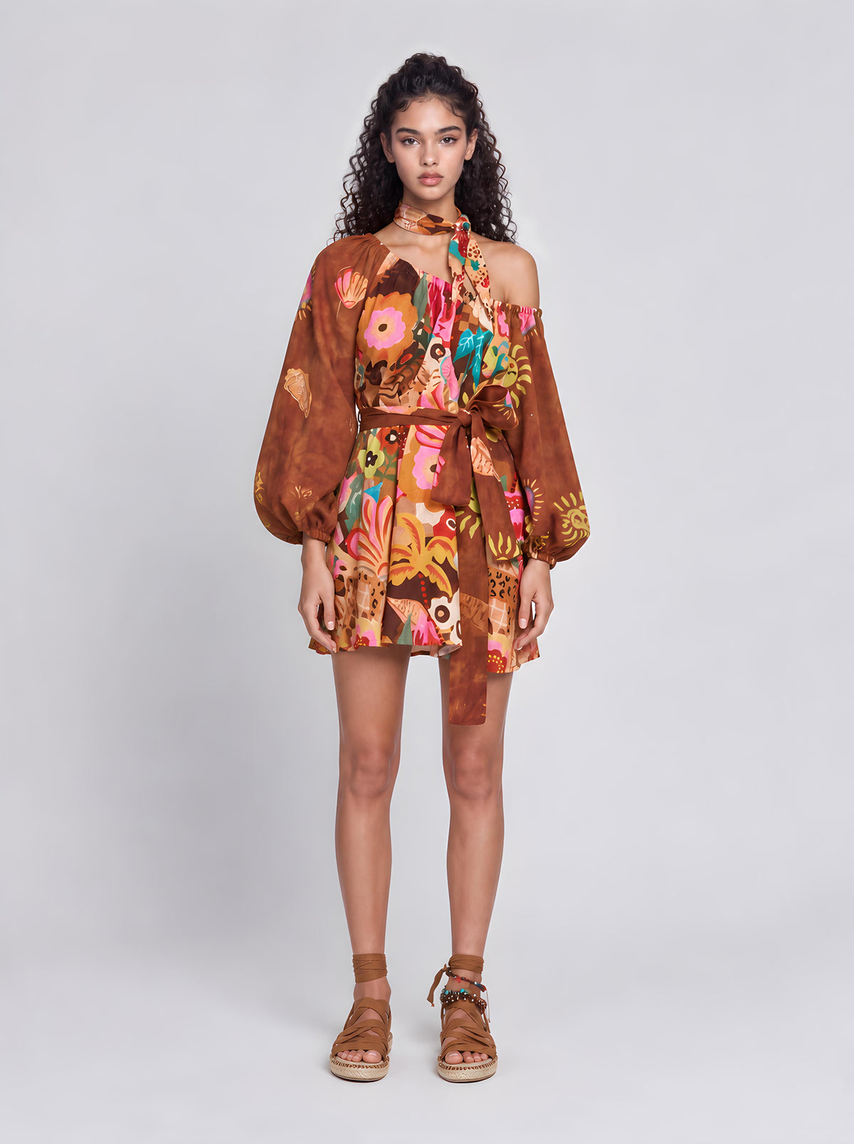Vintage Fun Sun Floral Print Square Collar Puff Sleeve Tight Short Dress