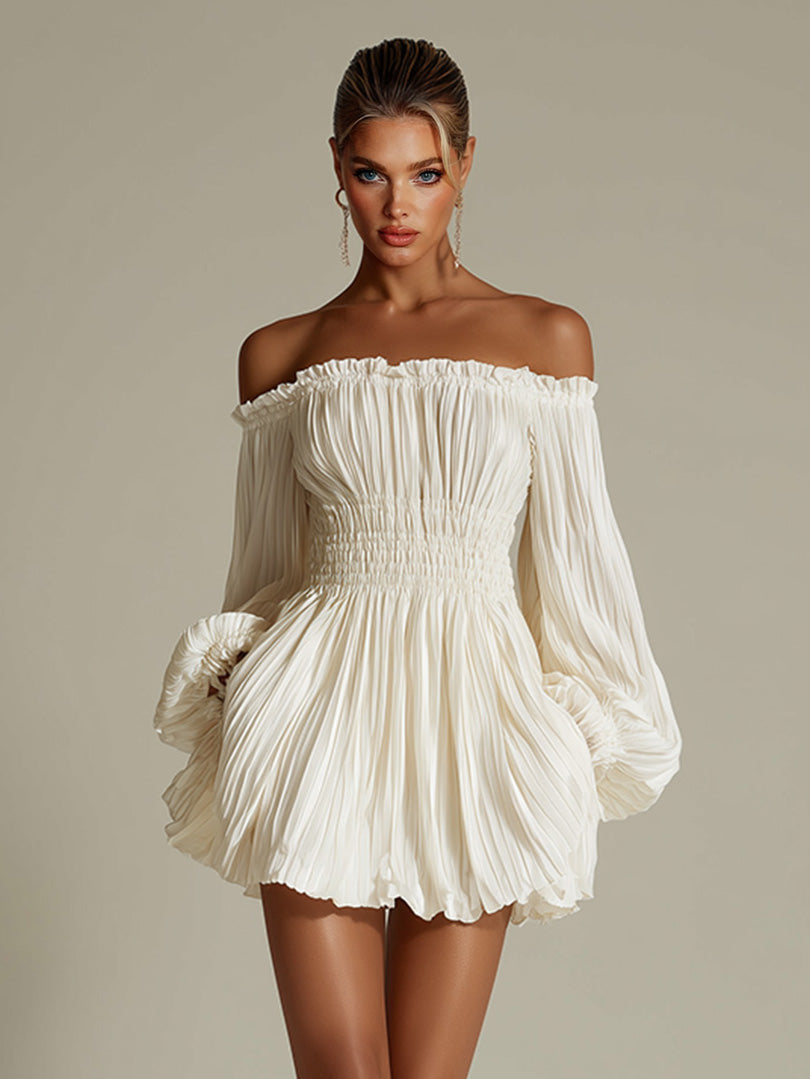 Elegant Off-shoulder Pleated Satin Puff Sleeve Mini Dress