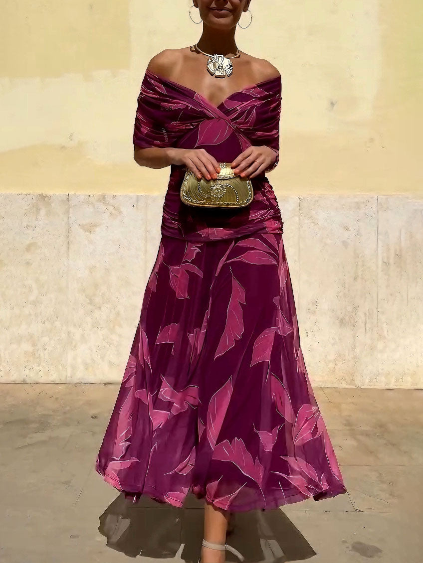 Elegant Off-Shoulder Ruched Leaf Print Maxi Dress