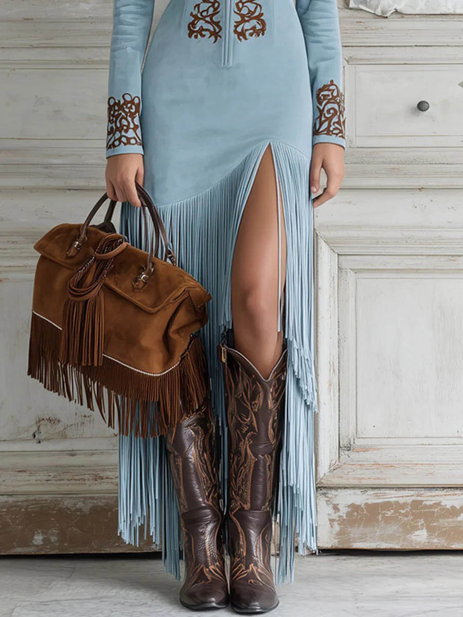 Abito western vintage in pelle scamosciata con mezza zip e frange