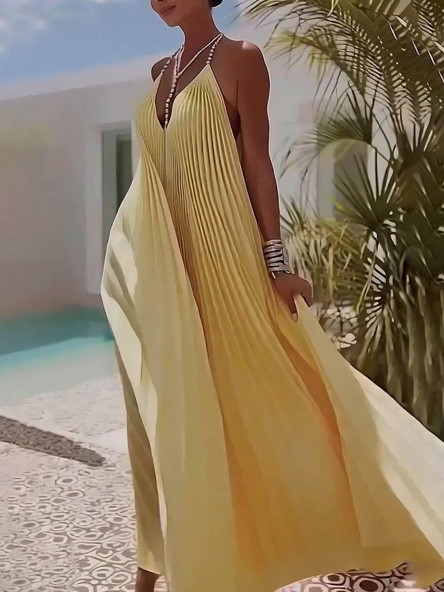Elegant Pleated V-Neck Backless Chiffon Maxi Dress