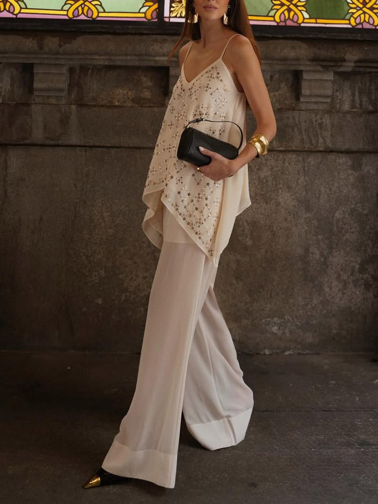 Conjunto elegante de dos piezas para vacaciones, con camisola de escote en V