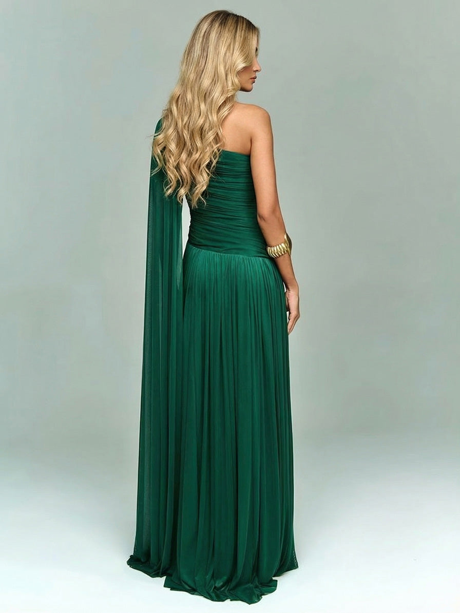 Elegant One-Shoulder Ruched Chiffon Maxi Dress