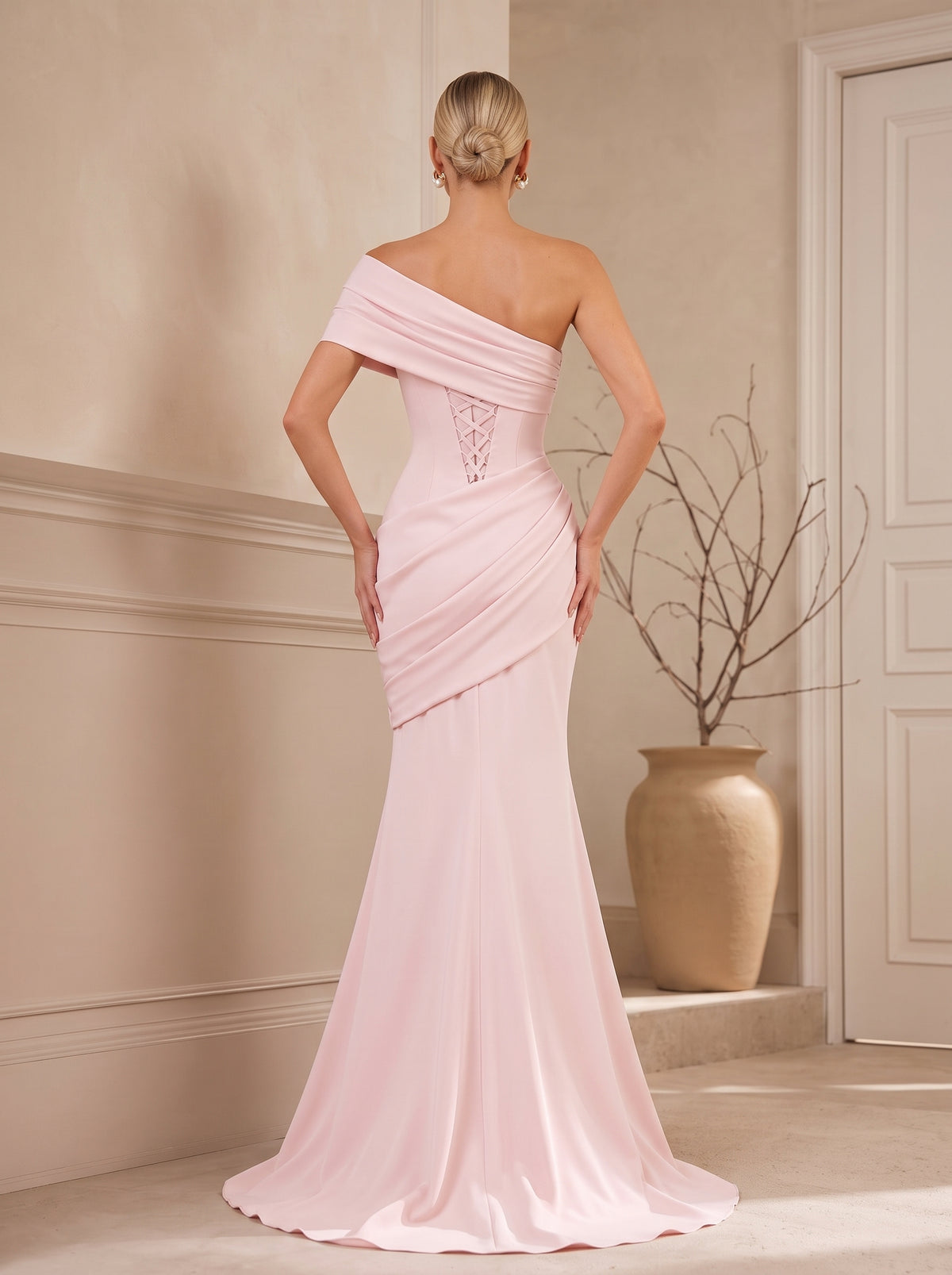 Off Shoulder Draped Mermaid Maxi Evening Gown