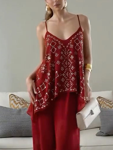 Conjunto elegante de dos piezas para vacaciones, con camisola de escote en V
