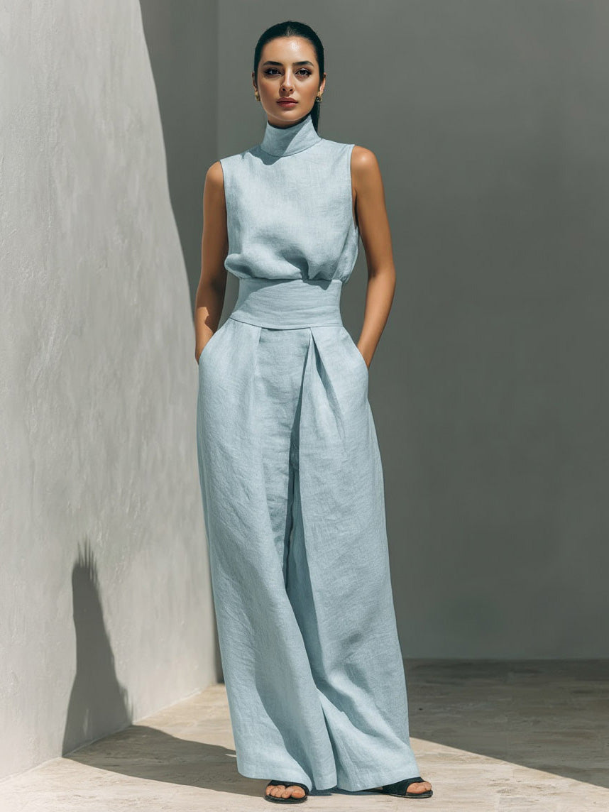 Elegante completo a due pezzi in lino con top a collo alto e pantaloni a gamba larga