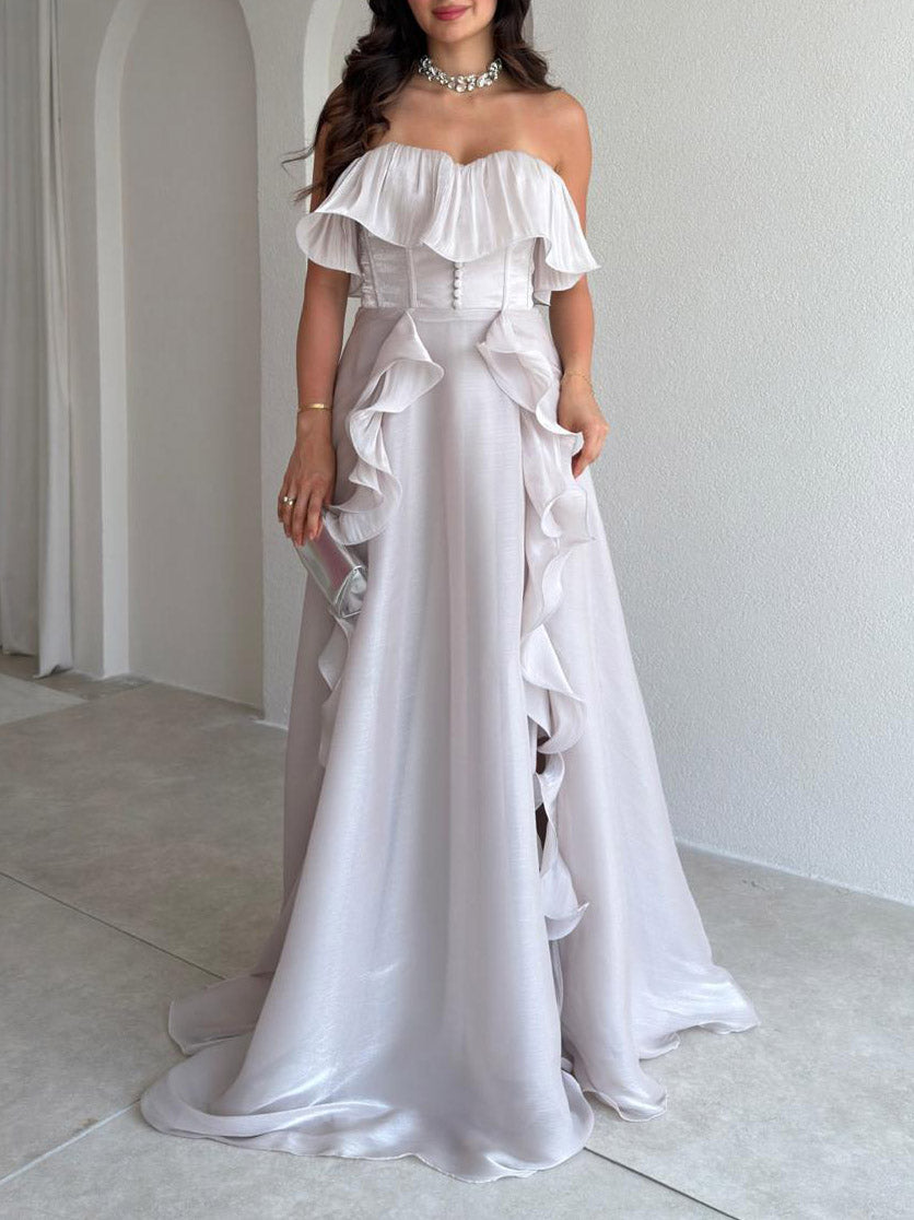 Elegantes trägerloses Korsett-Maxikleid mit Rüschen und hohem Schlitz