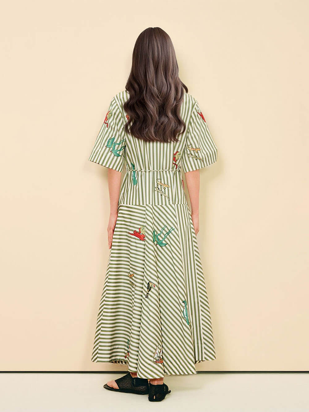 Classic Striped Button-Front Tie-Waist A-Line Maxi Shirtdress
