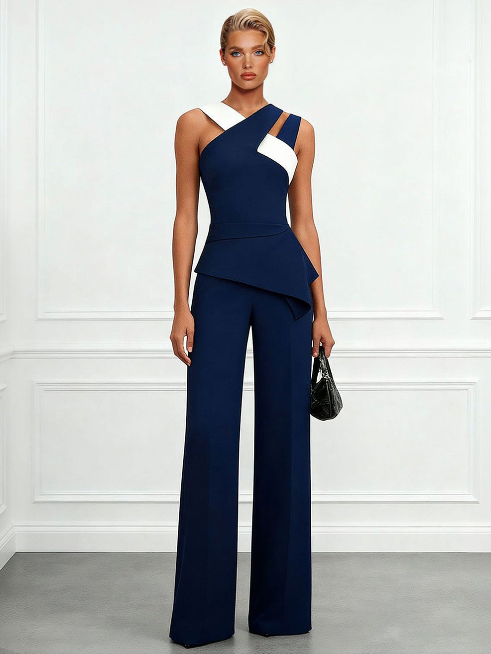 Elegantes asymmetrisches zweiteiliges Set in Colorblock-Optik aus Oberteil und Hose mit weitem Bein