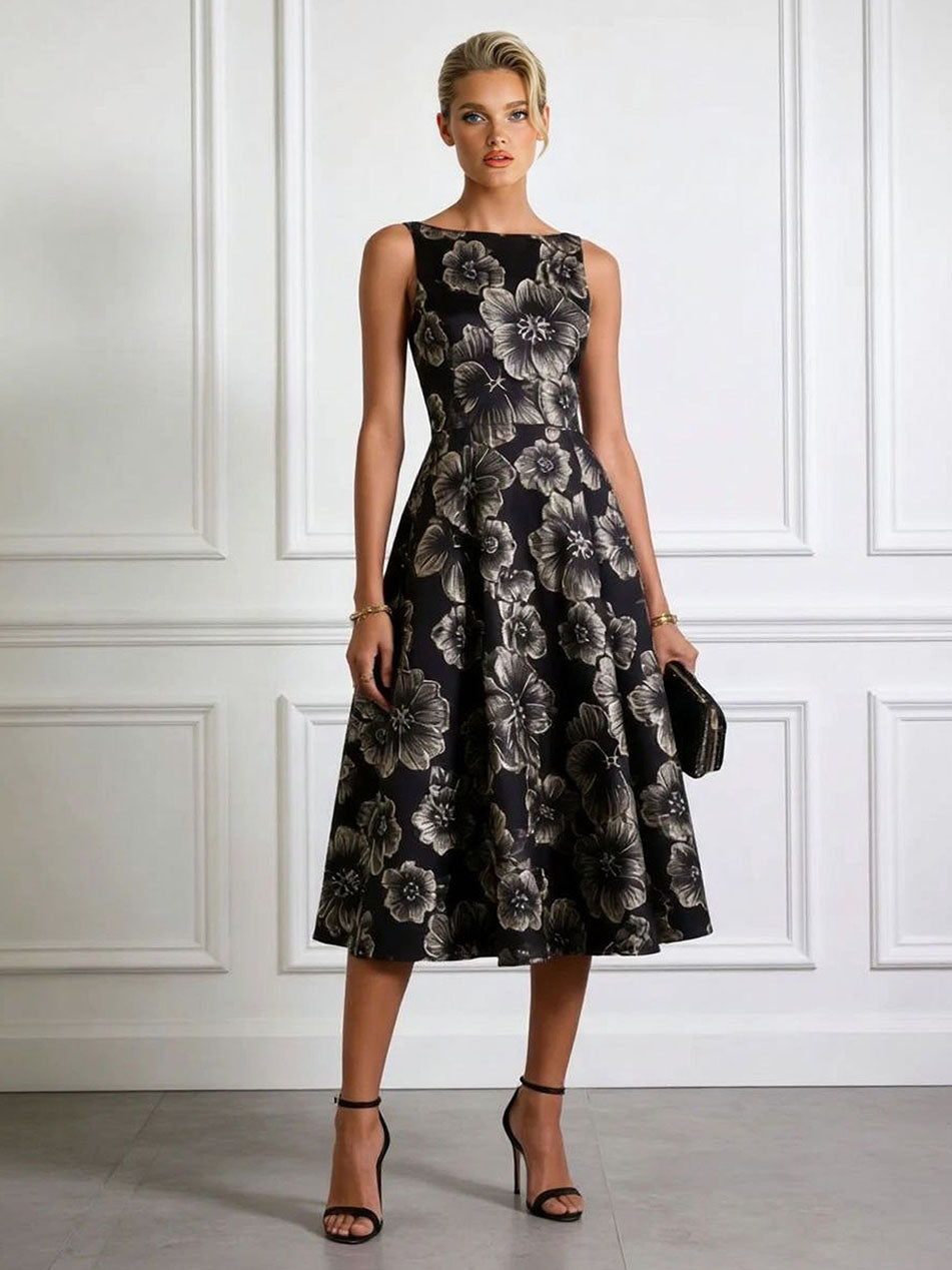 Elegant Gold Floral Jacquard Midi Dress