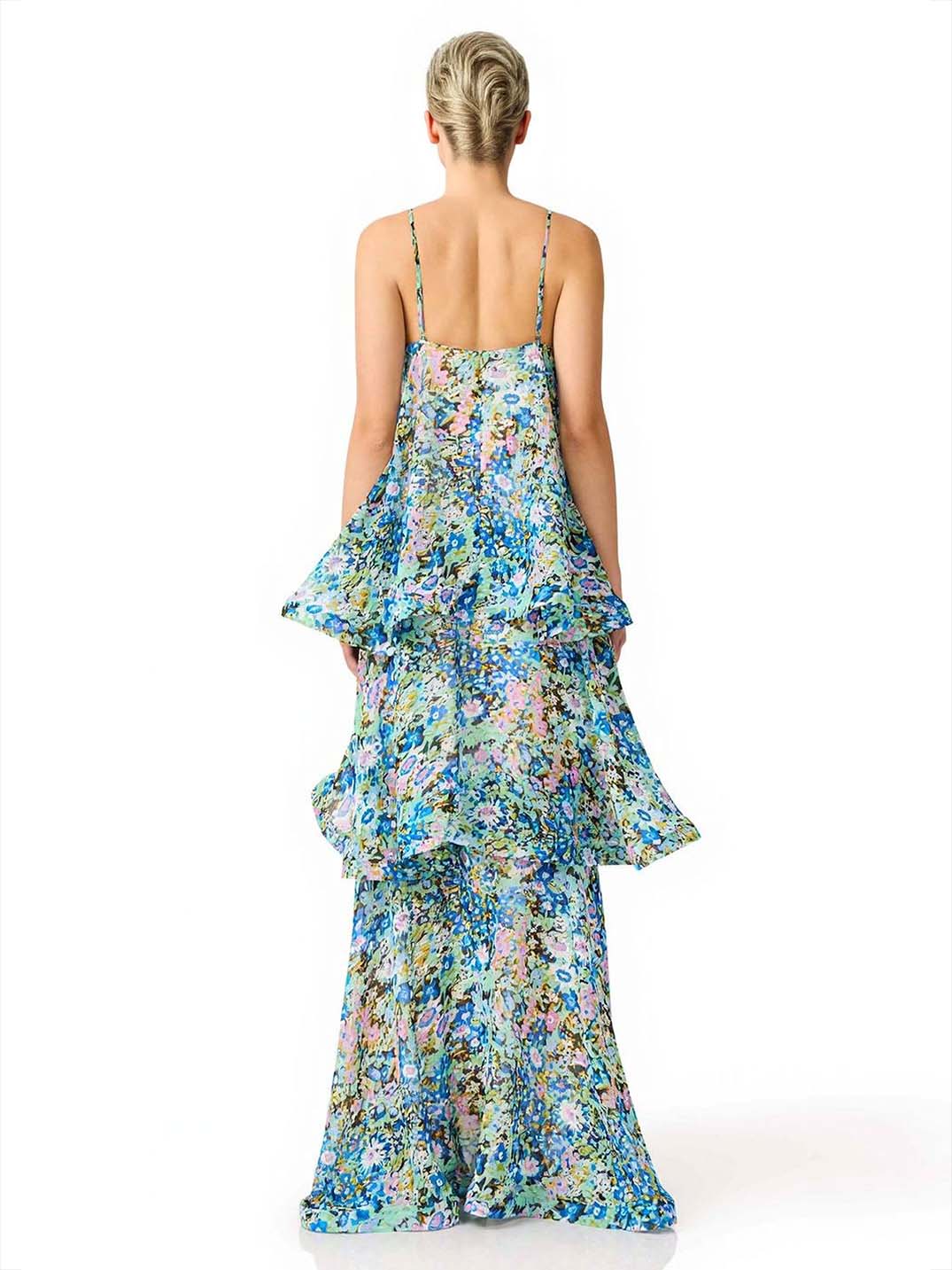 Robe longue élégante à imprimé floral éclatant et volants étagés