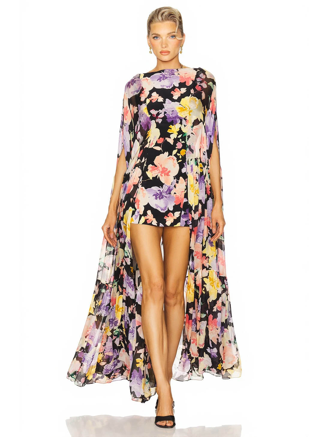 Elegant Floral Print Sheer Cape High-Low Mini Dress