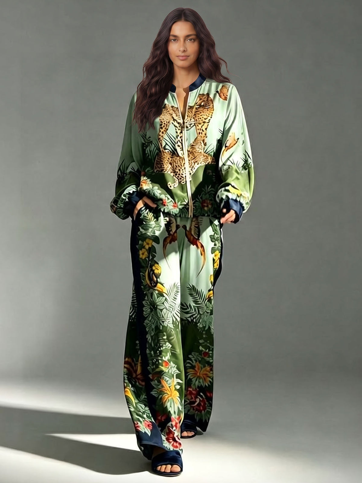 Exotic Jungle Print Wide Leg Pants