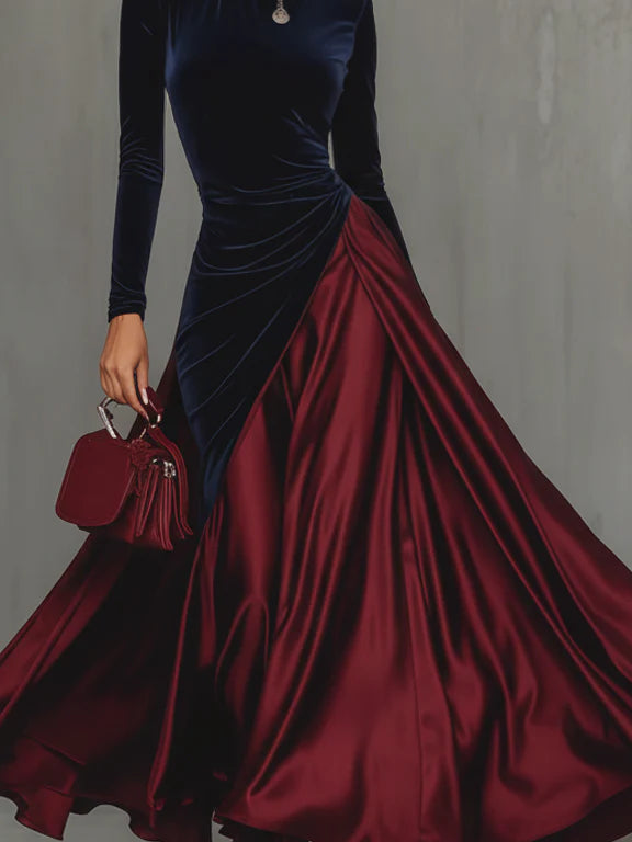 Elegantes Maxikleid aus Samt und Satin im Color-Blocking-Design
