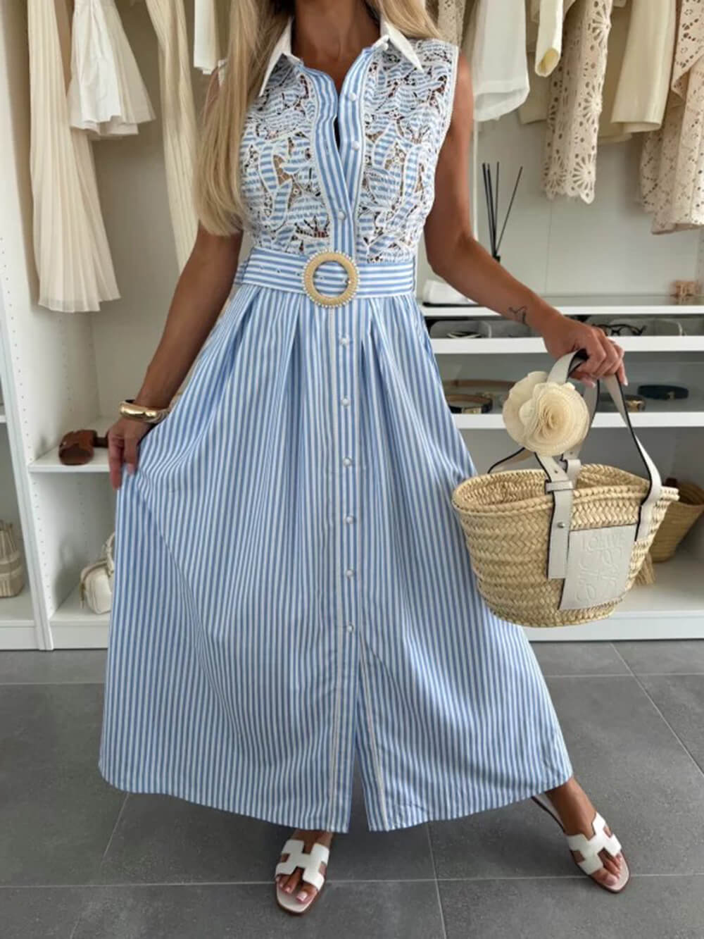 Retro Lace-Trimmed Splicing Striped Print Button-Down Maxi Dress