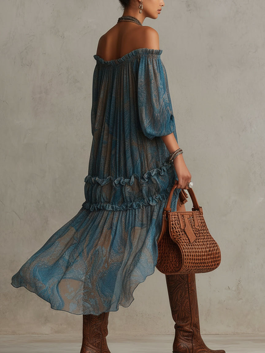 Schulterfreies Midikleid im Bohème-Stil mit Rüschen und transparentem asymmetrischem Saum