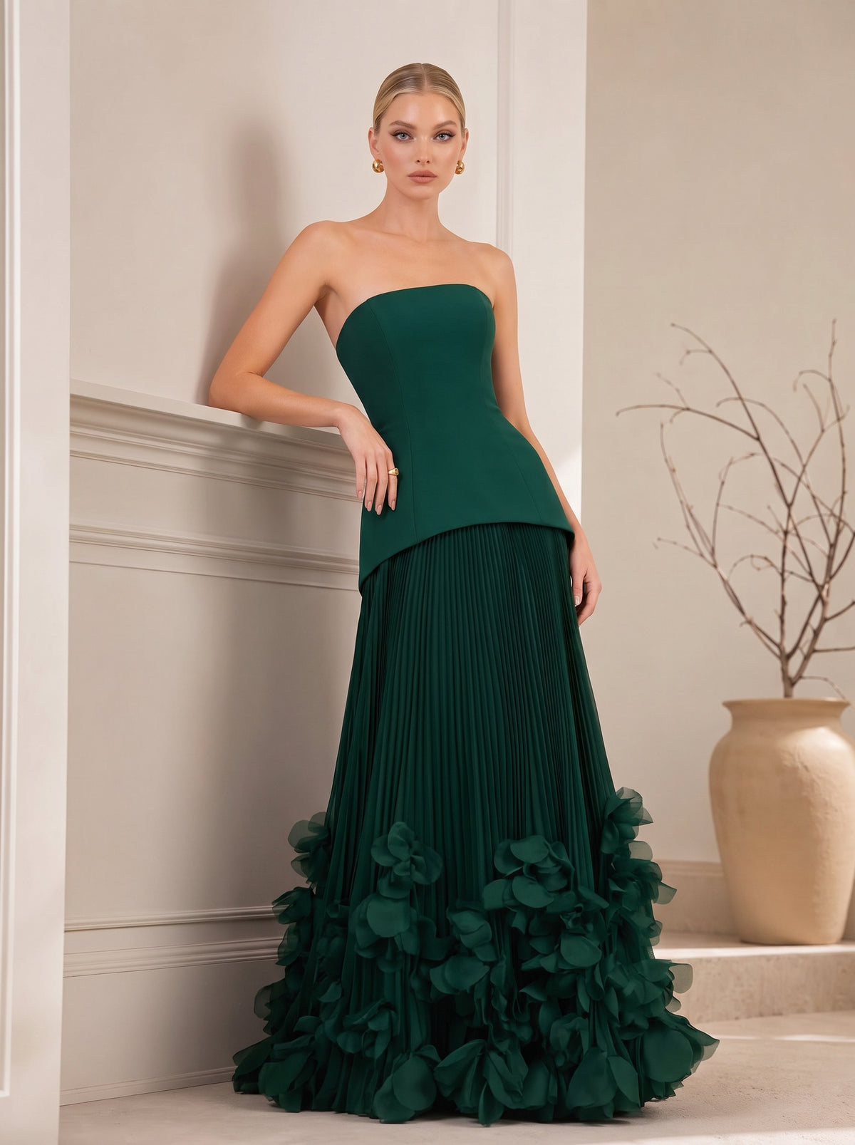 Strapless Fitted Bodice Pleated Maxi Gown With 3D Floral Hem